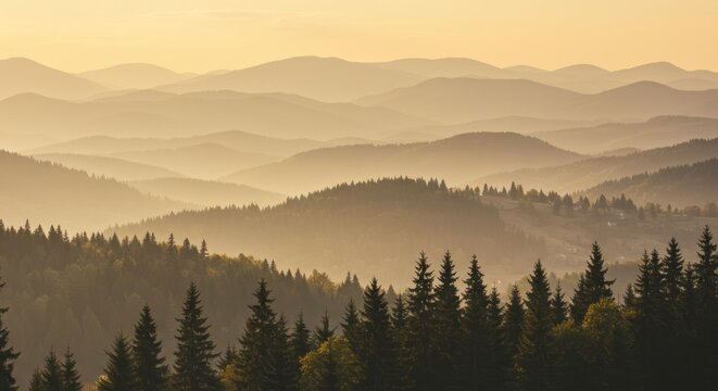 Serene panorama of rolling hills and mountains veiled in a soft, golden light of sunrise or sunset, with a foreground of dark evergreen trees silhouetted against the hazy atmospheric perspective