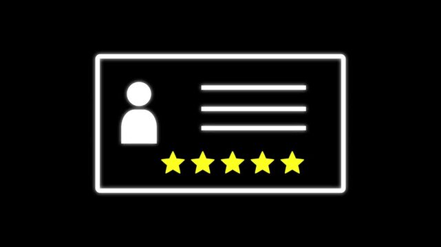 Moving review from one side to another. Customer feedback, satisfaction concept in . Five star shop rating.Star rating full score Animation of 5 stars r