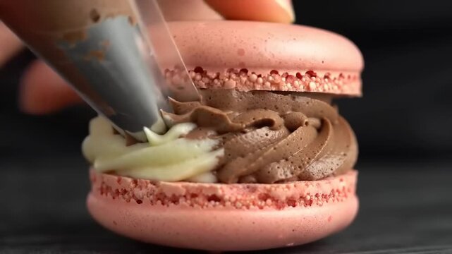 Close-up of a macaron being decorated