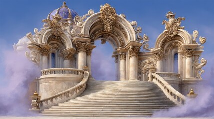Fototapeta premium Grand Ornate Stone Archway with Staircases in Purple Clouds