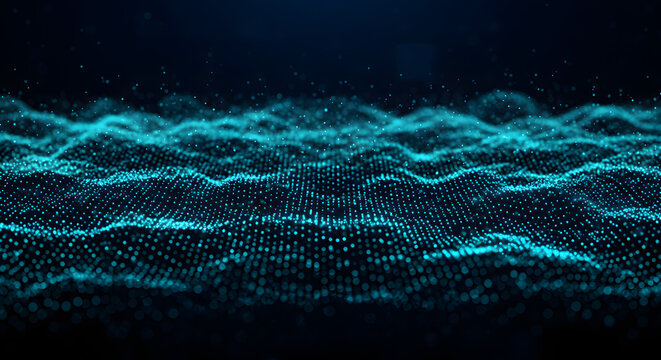 footage Futuristic digital waves of glowing blue particles representing a vast network and flow of information, an abstract concept of data visualization in cyberspace.