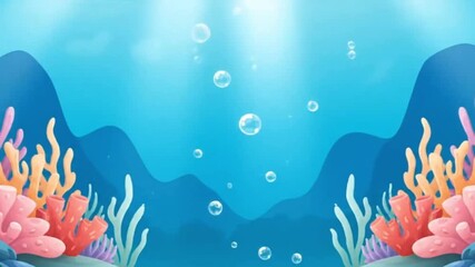 Vibrant underwater scene illustration with colorful coral reefs, sea plants, and sunlight filtering through the deep blue ocean. - Powered by Adobe