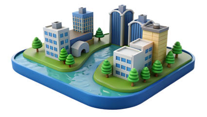 3D Isometric Miniature Cityscape with Buildings and River graphic design