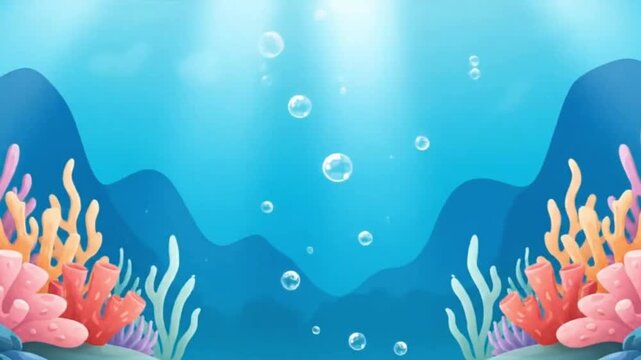 Vibrant underwater scene illustration with colorful coral reefs, sea plants, and sunlight filtering through the deep blue ocean.