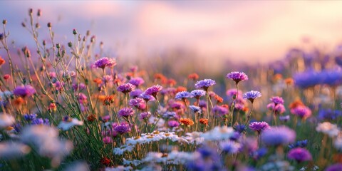 Obraz premium Floral tapestry: Wildflowers paint a dreamscape in sunset's glow.