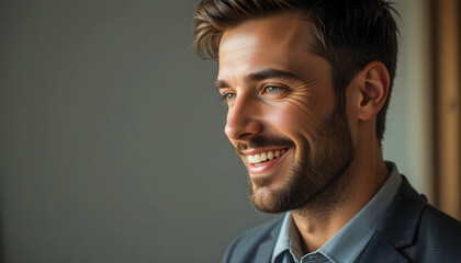 Obraz premium A professional man in a suit smiles confidently, exuding positivity and approachability.