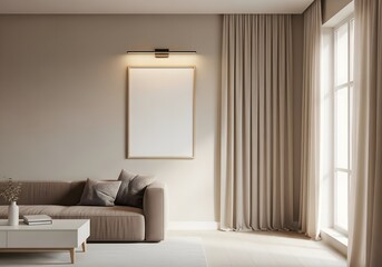 Cozy Minimalist Living Room with Natural Light and a empty frame.