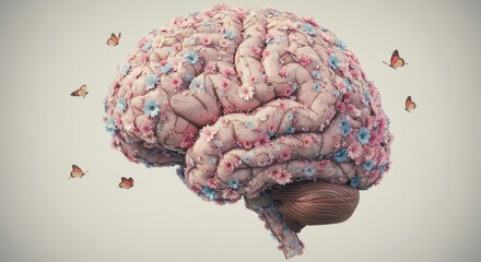 Fototapeta premium Colorful brain adorned with flowers and butterflies
