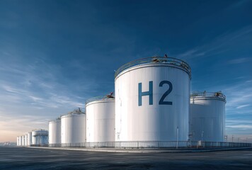 Obraz premium Large Hydrogen Storage Tanks in an Industrial Facility with Clear Sky and Modern Infrastructure