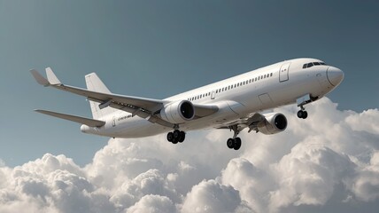 Fototapeta premium Soaring white passenger jet with landing gear extended flies through fluffy clouds against a serene sky, symbolizing travel and freedom.