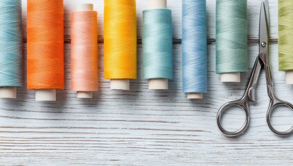Colorful thread spools and scissors on white wood