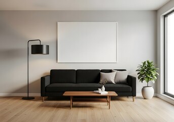 Minimalist Living Room with Black Sofa and Artwork