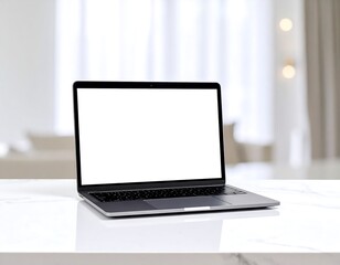 Fototapeta premium Sleek laptop on bright marble surface offers a modern workspace mockup for your professional designs