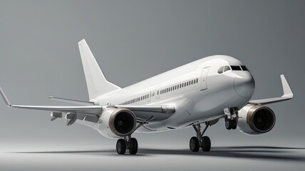 Obraz premium Sleek modern white passenger jet aircraft poised for takeoff on a clean studio background, symbolizing global travel and air transportation innovation.