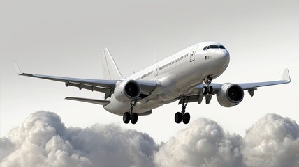 Obraz premium Striking commercial airplane with landing gear extended, ascending majestically through fluffy white clouds against a bright, airy sky