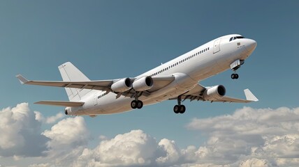 Obraz premium Soaring white passenger jet ascends gracefully through fluffy clouds against a clear blue sky, symbolizing travel and freedom.