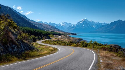 Naklejka premium Scenic winding mountain road with lush greenery on the sides and distant snow-capped peaks under a clear blue sky