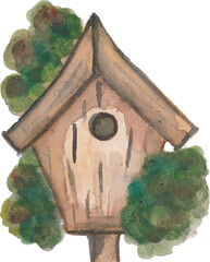Watercolor Birdhouse with Greenery