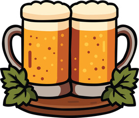 Two beer mugs with frothy foam on wooden tray decorated with hops leaves, refreshing alcoholic beverage, Oktoberfest celebration, traditional brewery drink, cheers symbol, festive drinking culture