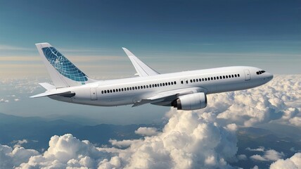 Fototapeta premium Soaring white passenger jet cruises above fluffy clouds and distant mountains under a clear blue sky, symbolizing global travel and adventure.
