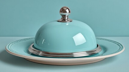 Premium Modern Silver Serving Cloche with Blue Plate Professional High-Quality Hospitality and Dining Marketing Content for Contemporary Culinary Experiences