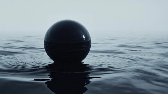 Deep ocean gravimetric sensor, polished obsidian-like sphere, detecting minute changes in density, floating in absolute darkness, minimalist, scientific precision