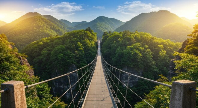 Suspension bridge stretches into green mountain valley under blue sky with sunlight shining over the scene - Powered by Adobe