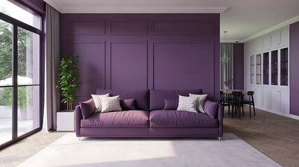 Fototapeta premium Luxurious modern living room with plush purple sofa large windows and contemporary decor creating a serene and inviting atmosphere