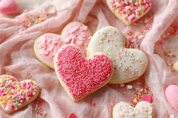 Colorful Heart-Shaped Cookies Decorated with Icing and Sprinkles on Soft Fabric Background for Dessert Lovers