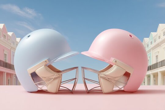 Modern Premium Cricket Helmets Facing Each Other with Pastel Aesthetic and Urban Backdrop for Sport Marketing and Social Media Campaigns