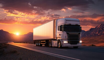 Obraz premium Large modern semi-truck with a sleek cab and long trailer driving on a highway during sunset with vibrant sky and scenic landscape