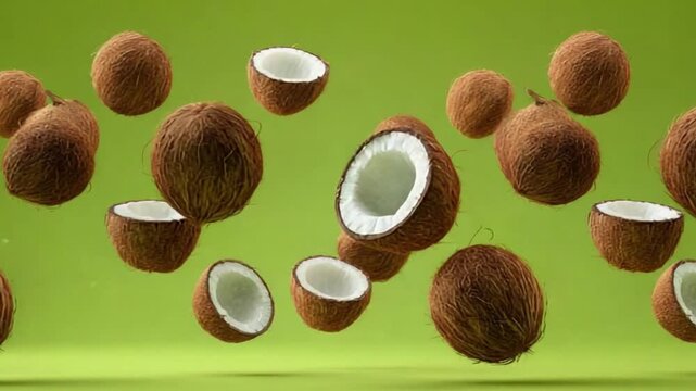 Floating coconuts with brown husks and white interiors against a vibrant green background