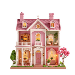 Charming pink dollhouse interior design toy display cozy atmosphere home environment front view imagination