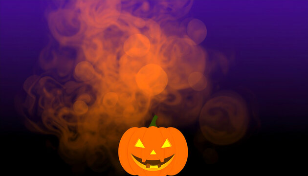 Eerie Halloween Spooky Pumpkin Glowing Amidst Orange Smoke on Dark Purple Backdrop