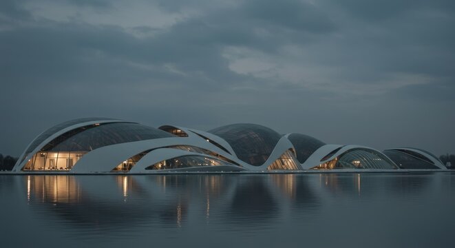 Futuristic architecture reflecting on water under a cloudy sky, creating a serene, modern landscape