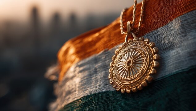 Gold pendant, Indian flag backdrop - Powered by Adobe