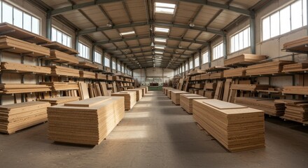 A wide industrial warehouse filled with stacks of prepared wood, bathed in natural light filtering from multiple upper windows