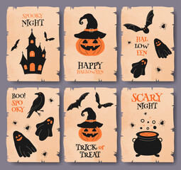 Halloween Greeting Card set with Pumpkin, Bat, Castle, Ghost, Spider, Potion on Vintage Antique Old Paper Sheets with Ripped Edges. Happy Halloween Day Vector Illustration Template With Greeting Text.