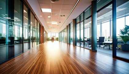Blurred background of a sleek, modern office hallway featuring expansive glass elements, war.jpg