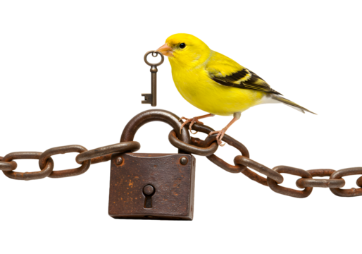 A hopeful yellow bird holds the key to freedom while perched on a rusty old padlock and chain, symbolizing liberation and finding the solution.