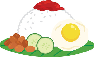 Illustration of Malaysian Food Sambal Nasi Lemak with Egg and Peanuts and Cucumber on banana leaf