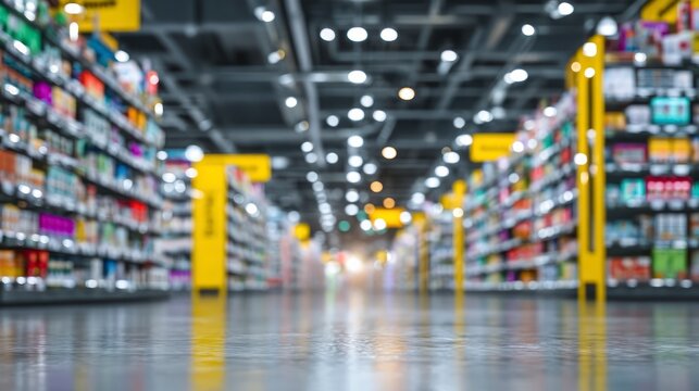 Blurred view down a brightly lit aisle of a modern supermarket filled with shelves of products