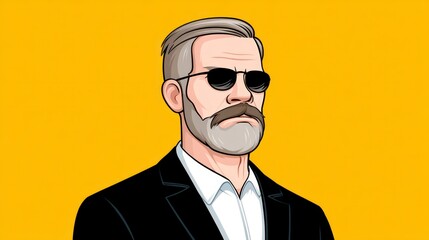 Stylized illustration of a mature man with gray beard mustache sunglasses and suit on yellow background