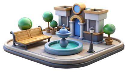 Charming isometric town square with a fountain bench and stylized buildings on a black background city