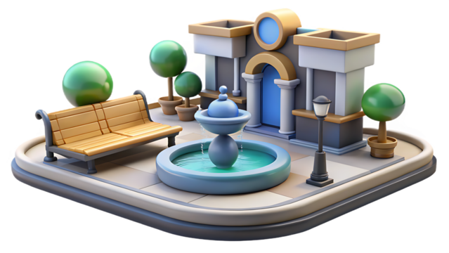 Charming isometric town square with a fountain bench and stylized buildings on a black background city