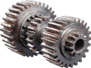 Pair of Large Iron Gears Interlocking, Front View, Isolated on Transparent Background PNG