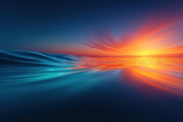 Fototapeta premium A vibrant sunset reflecting on a calm ocean surface, showcasing a blend of deep blues and fiery oranges.