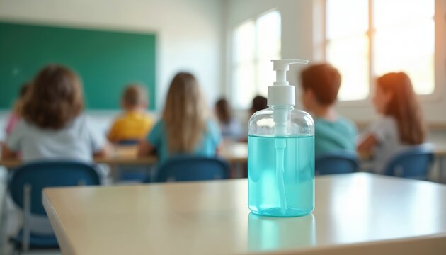 Hand sanitizer bottle on a table in a classroom with students in the background. Clear, transparent liquid inside bottle promotes hygiene and safety. Modern school supplies for learning and teaching.