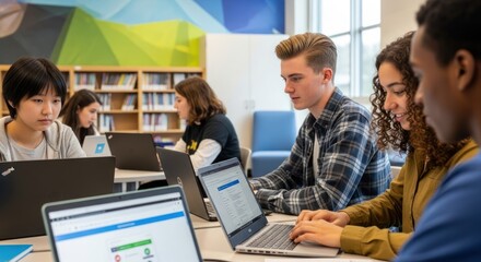 Students working on laptops in a library.