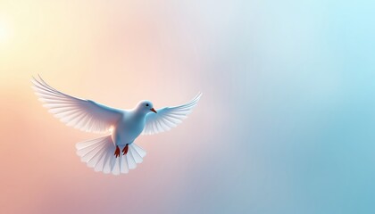 Fototapeta premium White dove gracefully soars through vibrant gradient sky. Peace, hope, purity, serenity, spirituality. Minimalist illustration with soft light, ideal for wallpaper, posters, cards, religious artwork.
